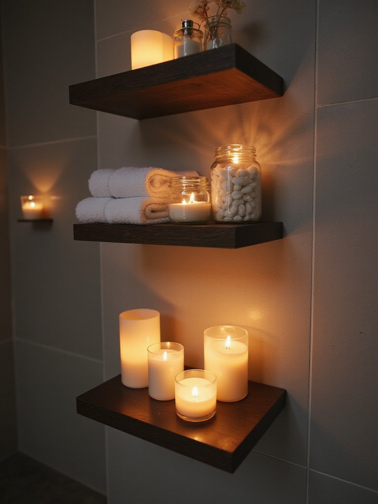 Bathroom shelves decorated with LED candles, towels, and jars.