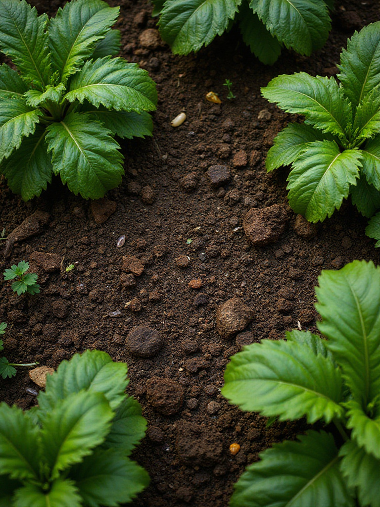 Thriving vegetable garden showcasing healthy, dark soil amended with compost and mulch.