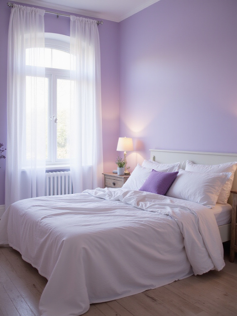 Serene bedroom with lavender walls, white linens, and soft natural light.