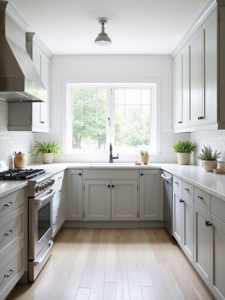 Modern kitchen with light gray cabinets and white subway tile.