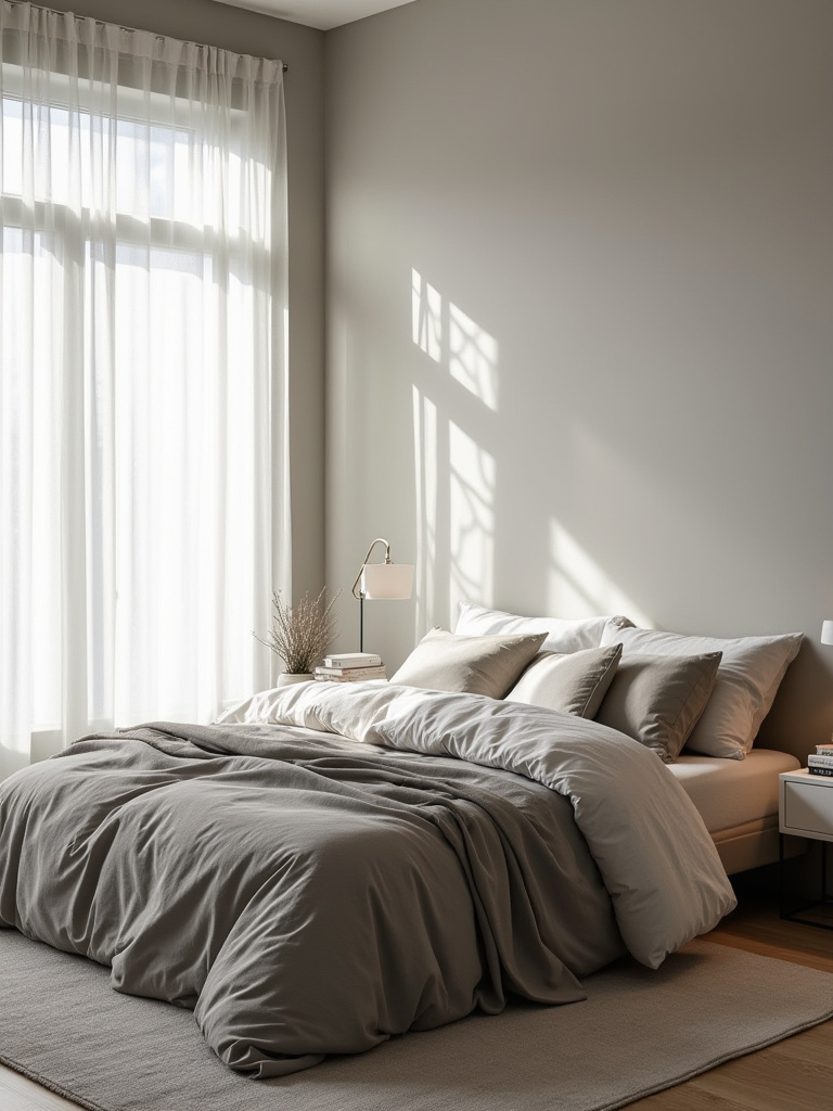 Sophisticated soft gray bedroom with layered gray bedding and natural light.