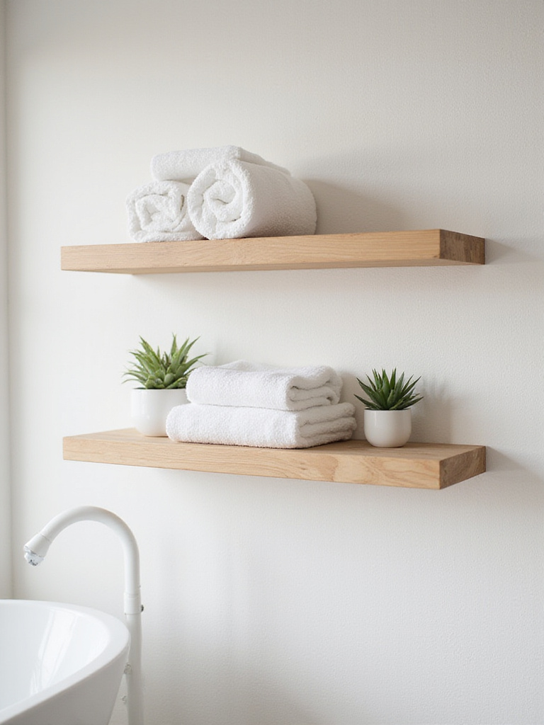 Bathroom shelf with neatly rolled white Turkish cotton towels and a small succulent.