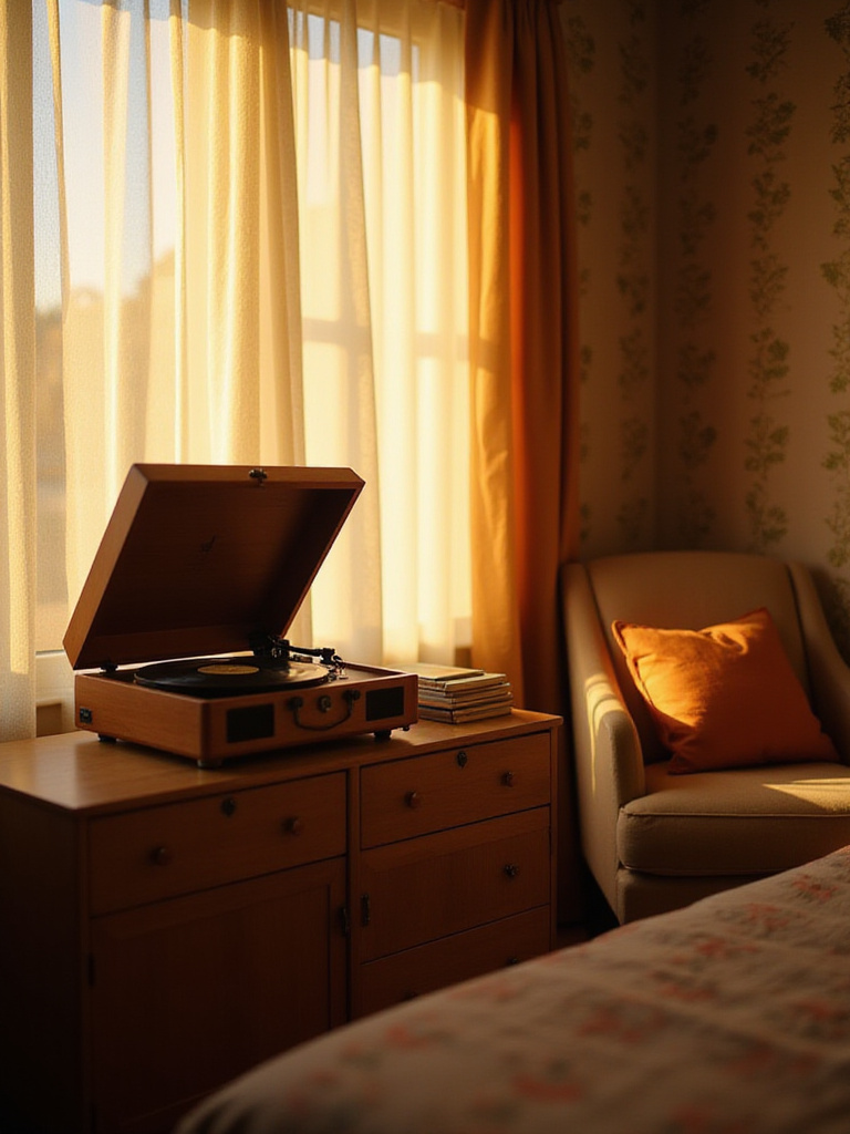Vintage bedroom with restored record player and vinyl records.