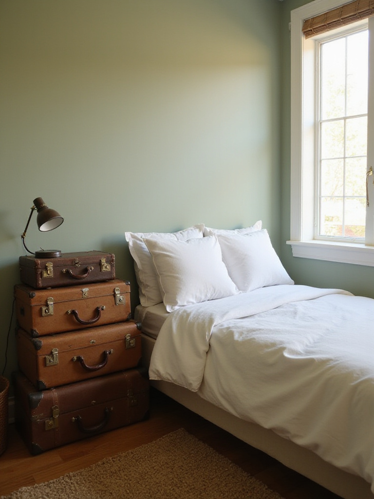 Vintage suitcases stacked as a nightstand in a bedroom