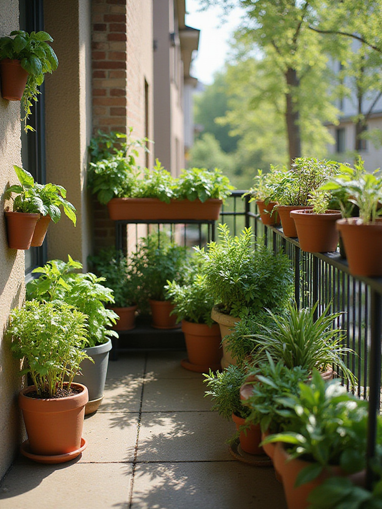 A thriving mini herb garden on a small urban balcony, showcasing various herbs in pots, vertical planters, and railing hangers to maximize the limited space.