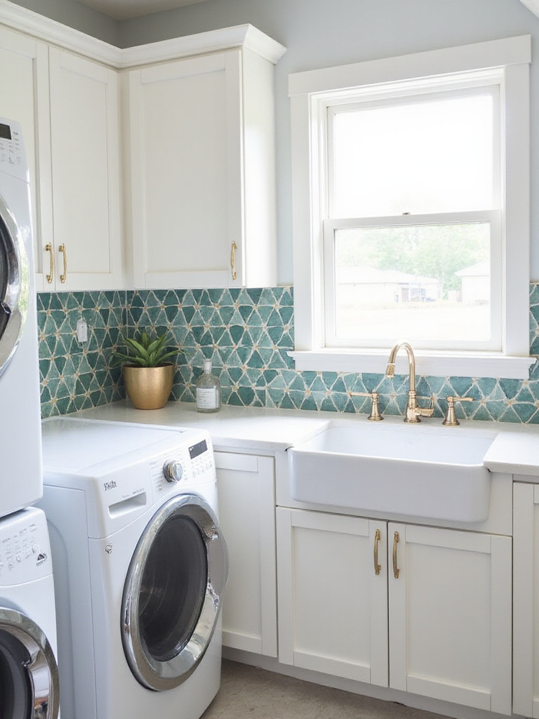 Modern laundry room with geometric patterned tile backsplash above utility sink.