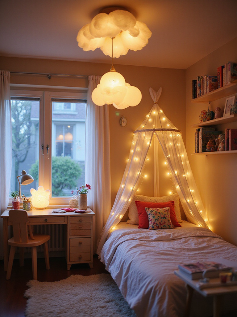 A colorful and cozy kids bedroom featuring creative lighting fixtures like a cloud pendant light, string lights, and a character lamp, adding personality and warmth.