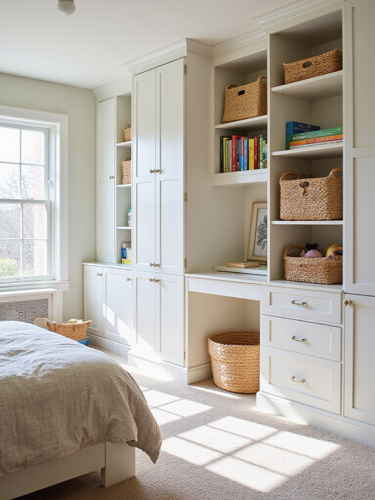A tidy and organized kids' bedroom featuring a bed with under-bed storage drawers, a built-in wall unit with shelves and cabinets, and stylish baskets for toy and book organization.