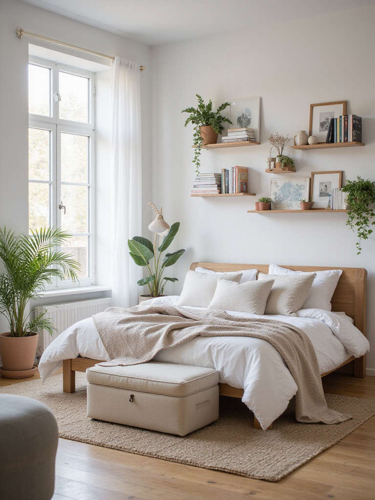 Apartment bedroom featuring smart storage solutions and a clutter-free environment.