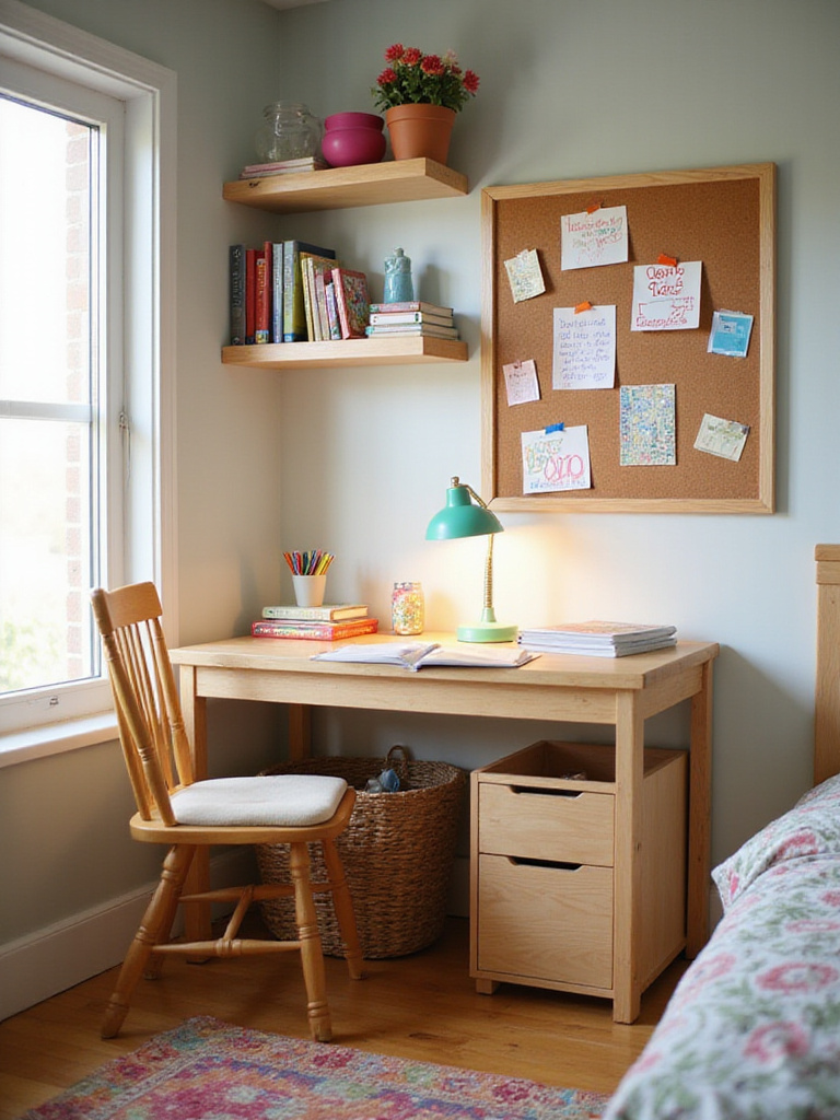 An inspiring and organized study desk area in a bright child's bedroom, featuring a desk, chair, ample storage, and personalized decor for homework and creativity.