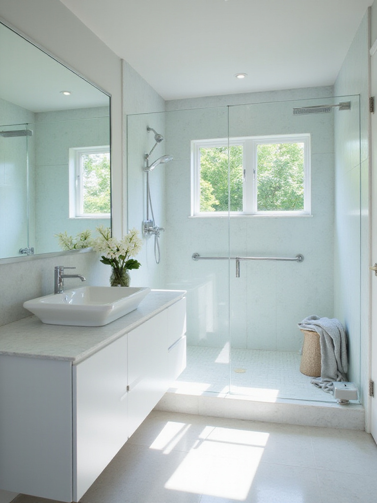 Modern bathroom with a consistent neutral color palette and minimalist design, creating a spa-like atmosphere.