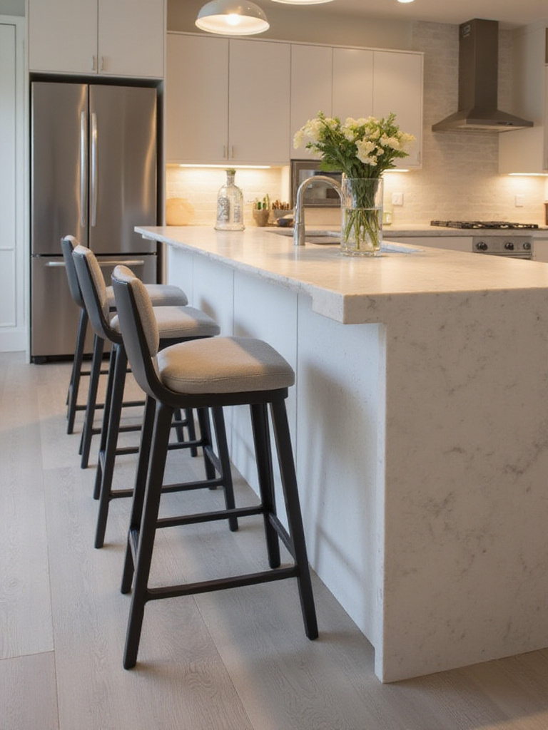 Stylish counter-height bar stools at a modern kitchen island