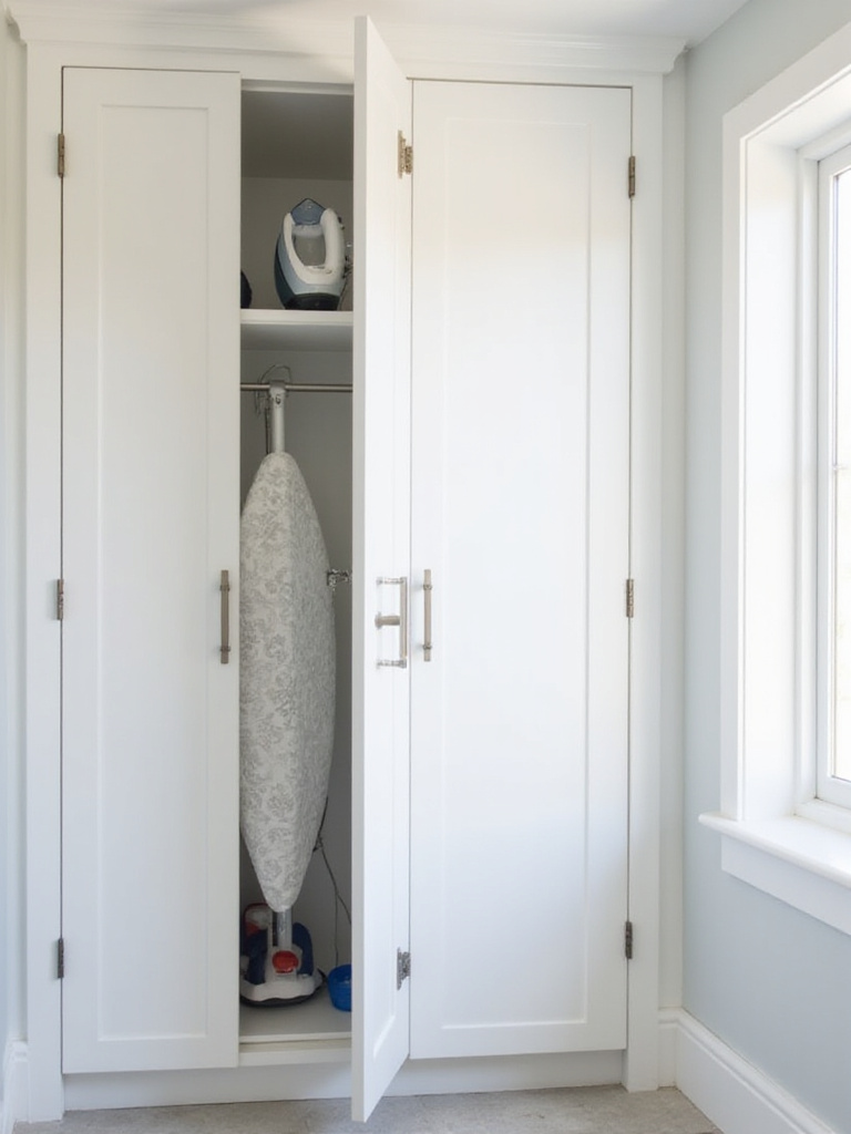 Laundry room with white cabinets and a hidden ironing board cabinet