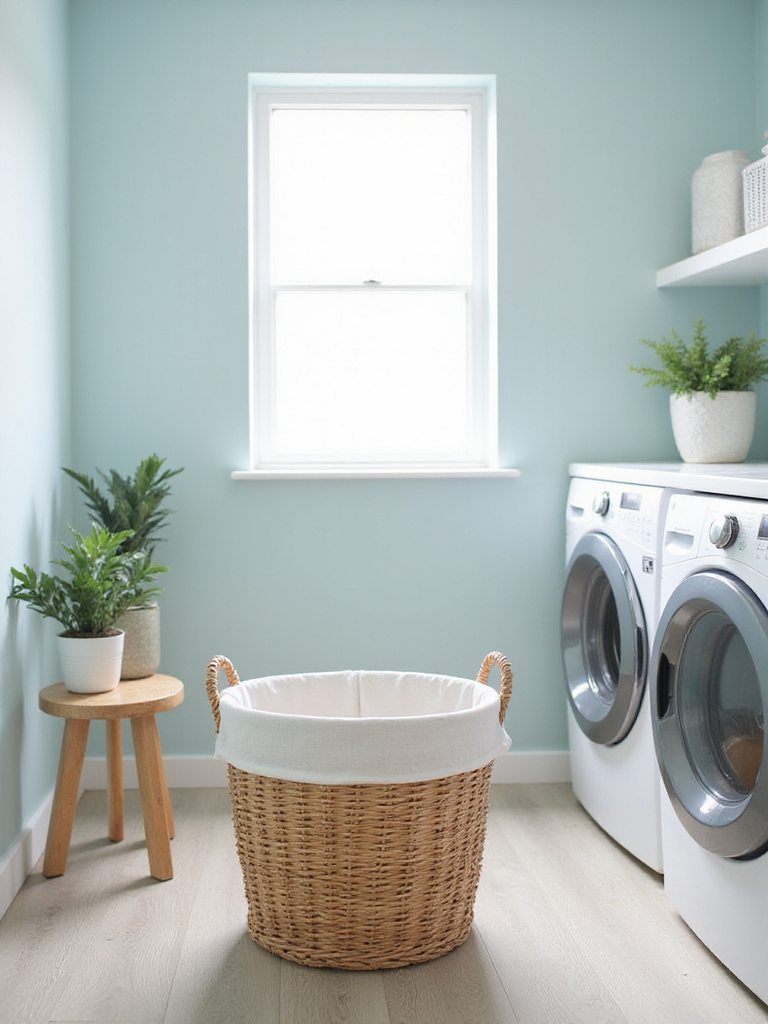 Stylish rattan laundry basket with linen liner in a bright, modern laundry room.