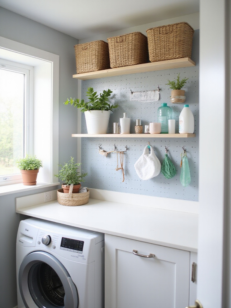 Stylish gray pegboard organizing laundry supplies in a modern laundry room.