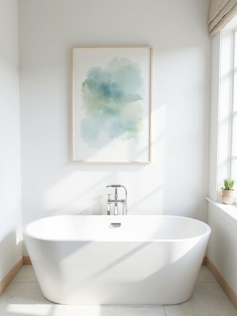 Subtle watercolor art above a bathtub in a bright, spa-like bathroom.