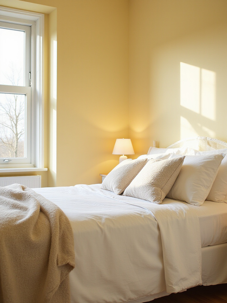 Light yellow bedroom with white linen bedding and warm sunlight streaming through the window.