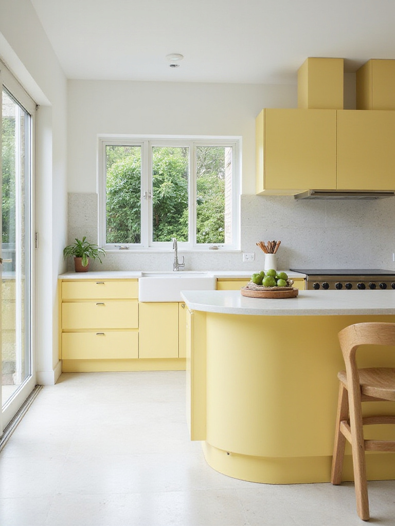 Bright modern kitchen with a yellow island and white countertops