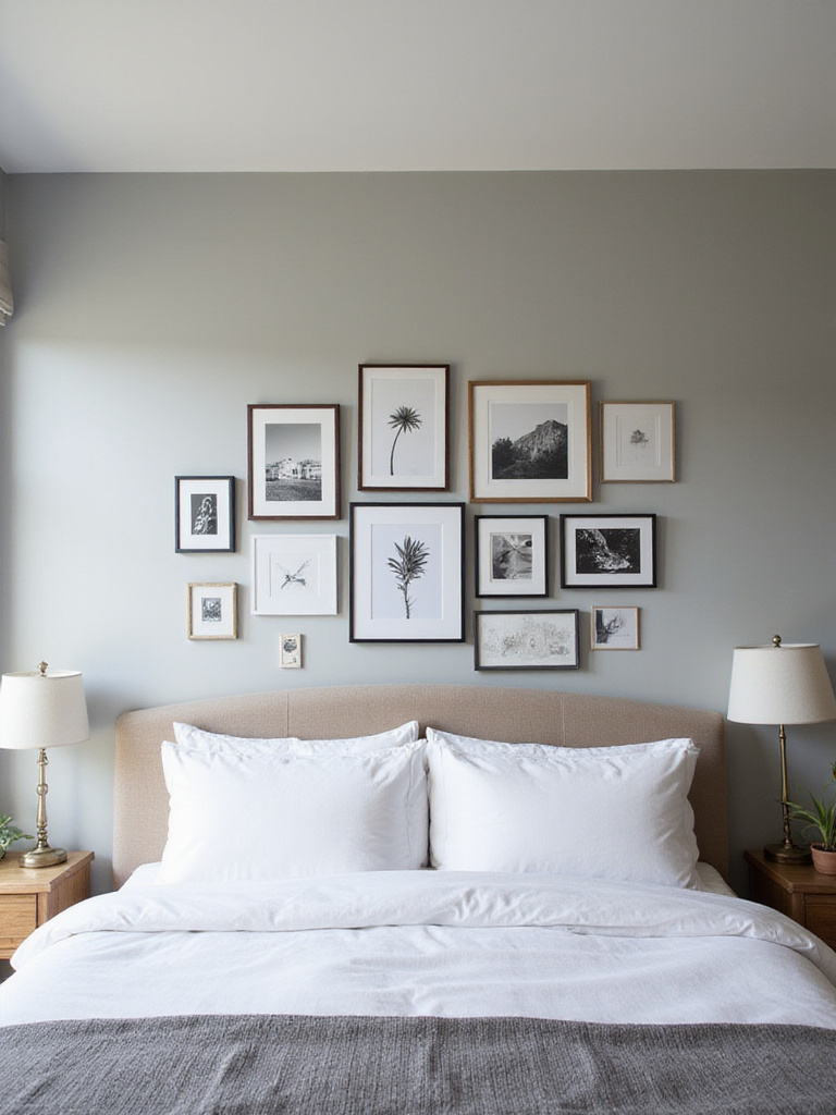 Bedroom with personalized gallery wall above bed