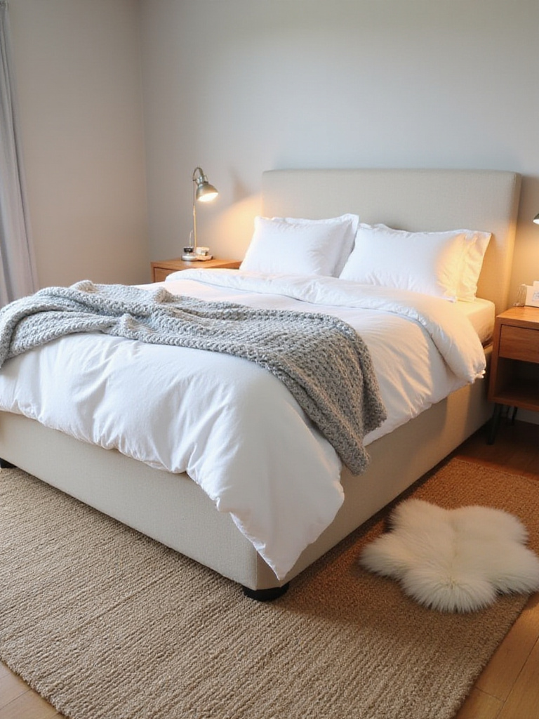 Cozy apartment bedroom with layered rugs and a chunky knit throw
