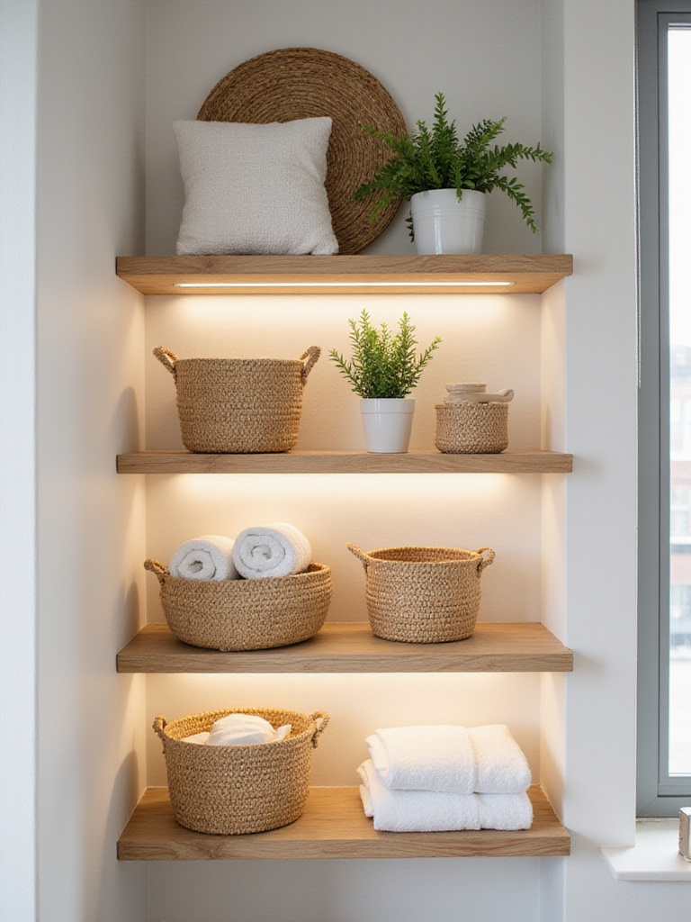 Woven baskets on bathroom shelves for storage and decoration