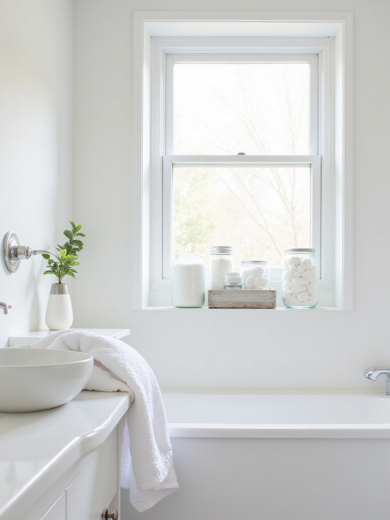 Minimalist bathroom countertop with essential items and floating shelf, creating a spa-like atmosphere.