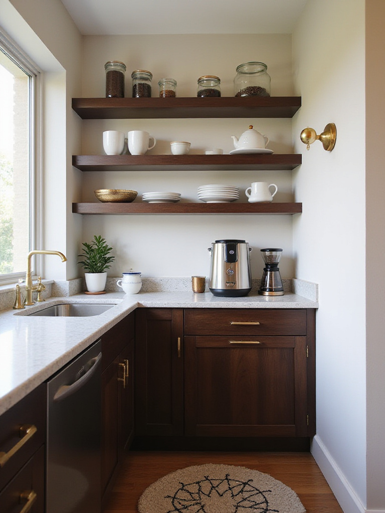 Modern kitchen corner with a dedicated coffee bar area featuring open shelving, dark wood cabinets, and stainless steel coffee appliances.
