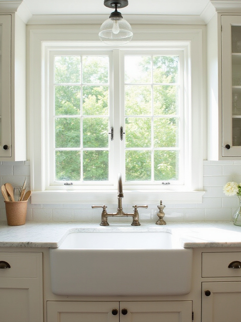 White fireclay farmhouse sink with bridge faucet in bright farmhouse kitchen