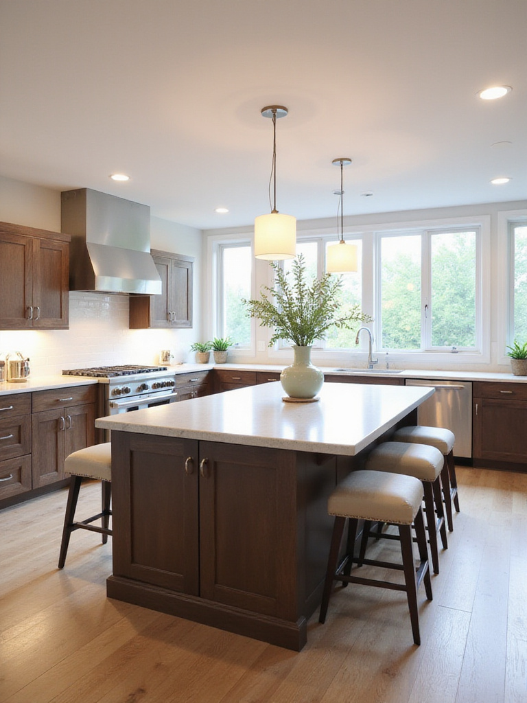Modern kitchen island with seating and pendant lighting.