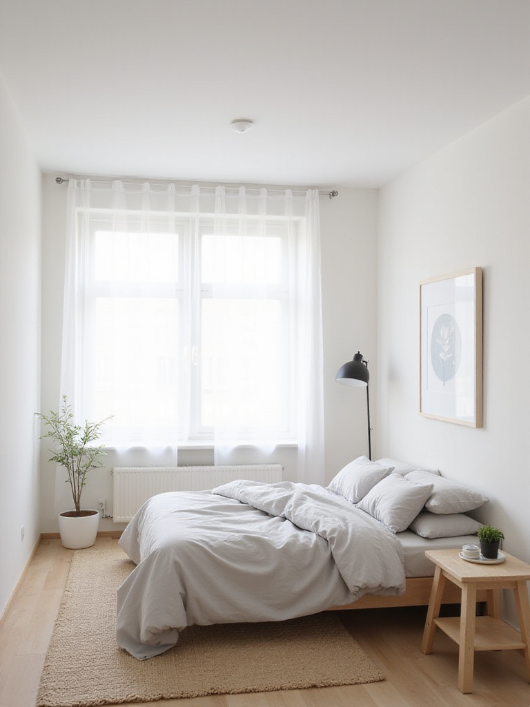 Small apartment bedroom decorated in light and airy colors for a spacious feel