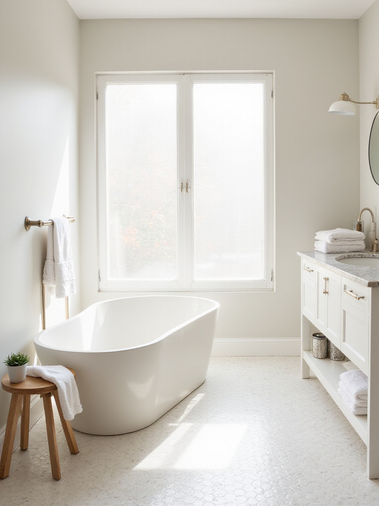 Bright and airy white bathroom with natural textures and soft lighting