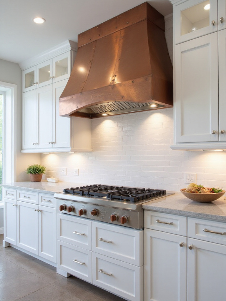 Stunning custom copper range hood as a focal point in a modern white kitchen