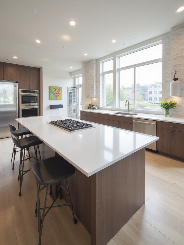 Modern kitchen island with cooktop and seating, offering ample countertop and storage space.