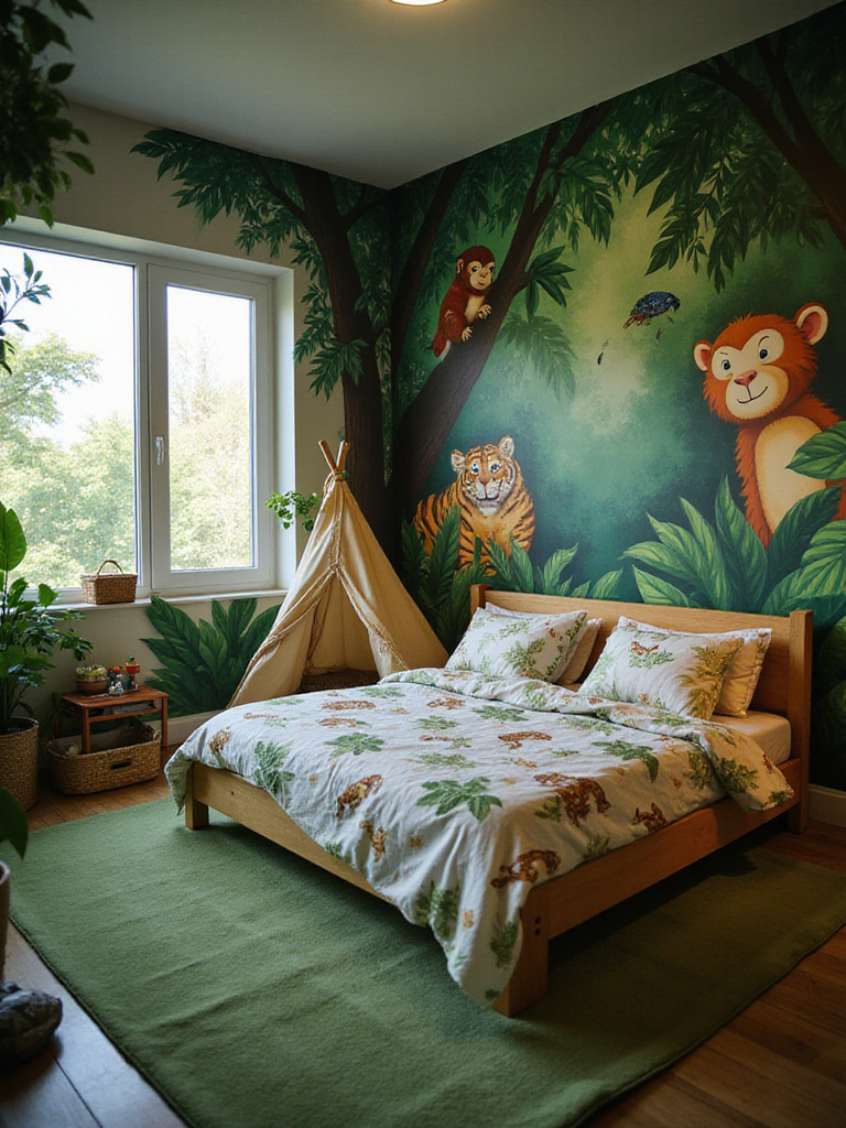 Dreamy kids bedroom with a jungle adventure theme, featuring animal murals, leafy decor, and a play tent.