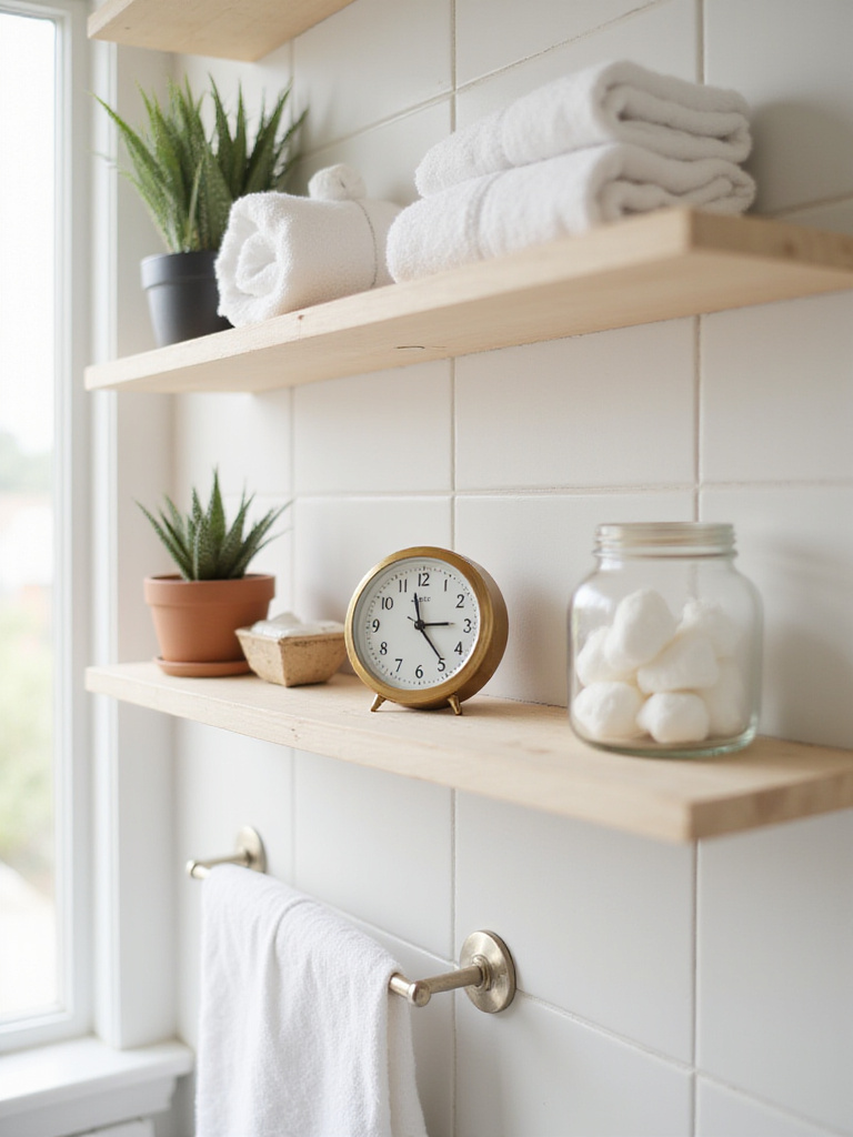 Brass clock on a bathroom shelf surrounded by decorative items.