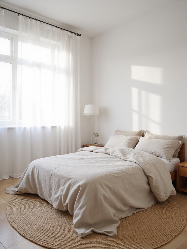 Serene bedroom with warm white walls, linen bedding, and natural light.