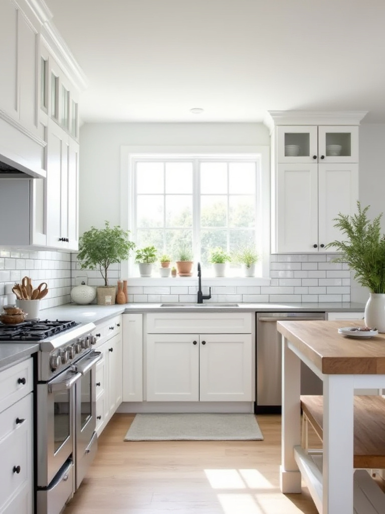 Bright white modern farmhouse kitchen with shaker cabinets and stainless steel appliances