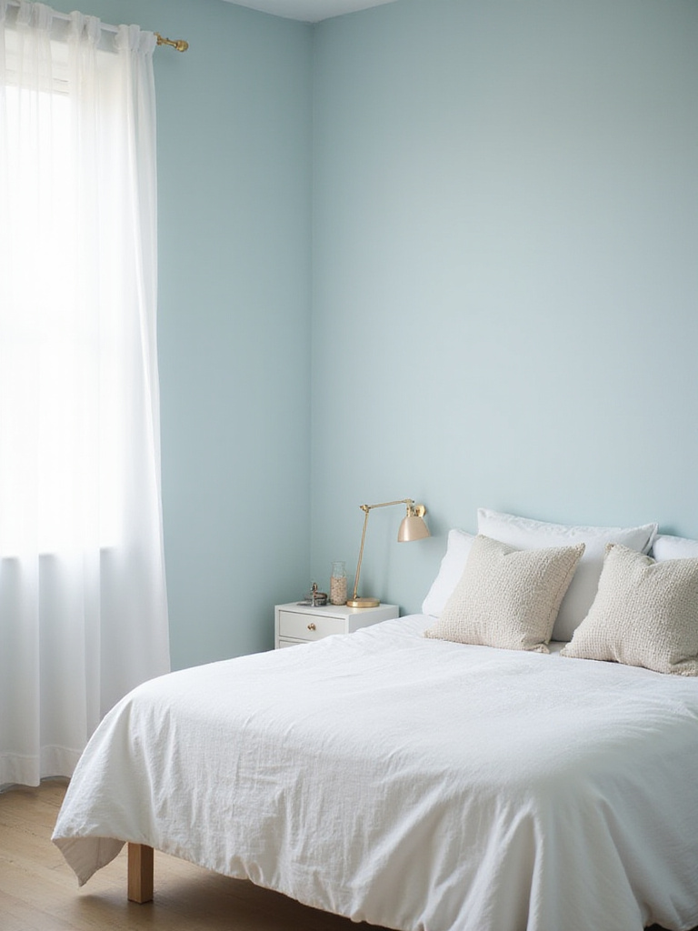 Pale blue bedroom with white linen bedding and soft natural light creating a calming atmosphere