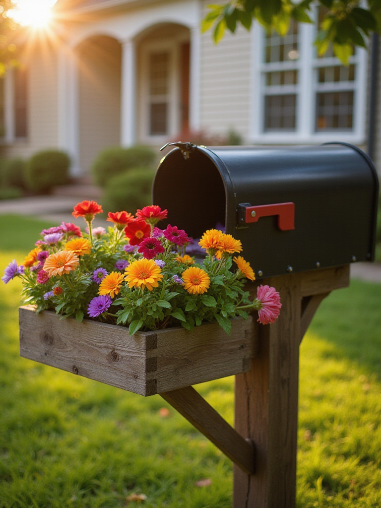 Mailbox with wooden planter box overflowing with colorful flowers