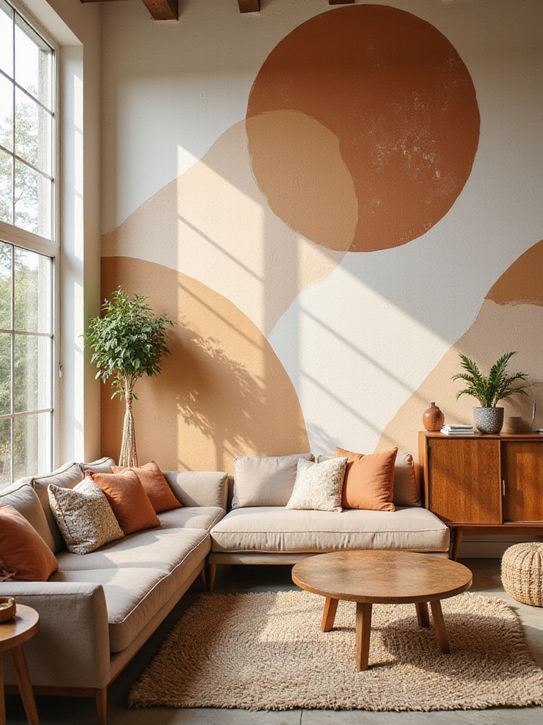 Boho living room with abstract geometric mural in earthy tones