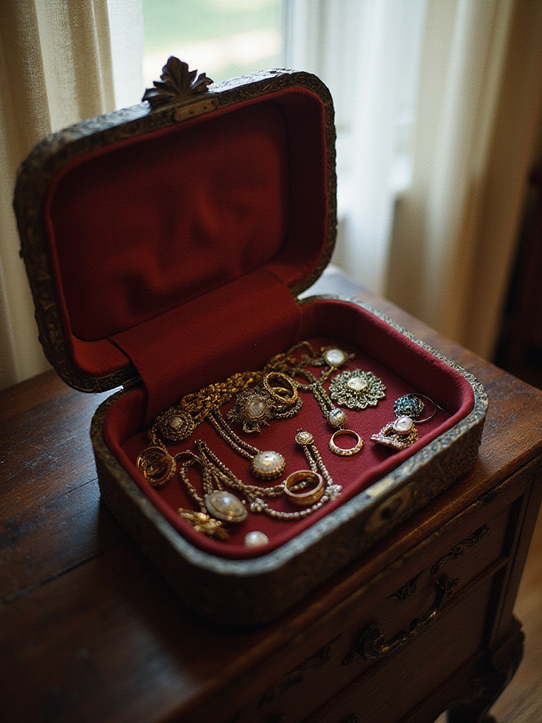 Vintage velvet-lined jewelry box on a vanity filled with antique jewelry.