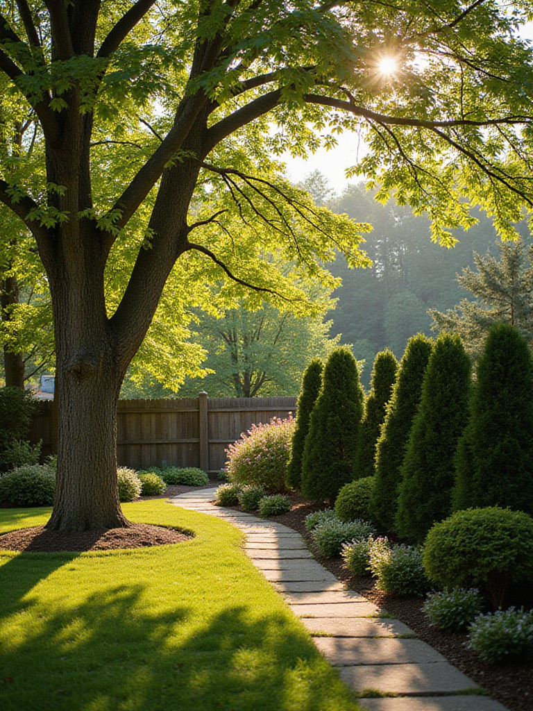 Layered backyard landscape featuring diverse trees and shrubs