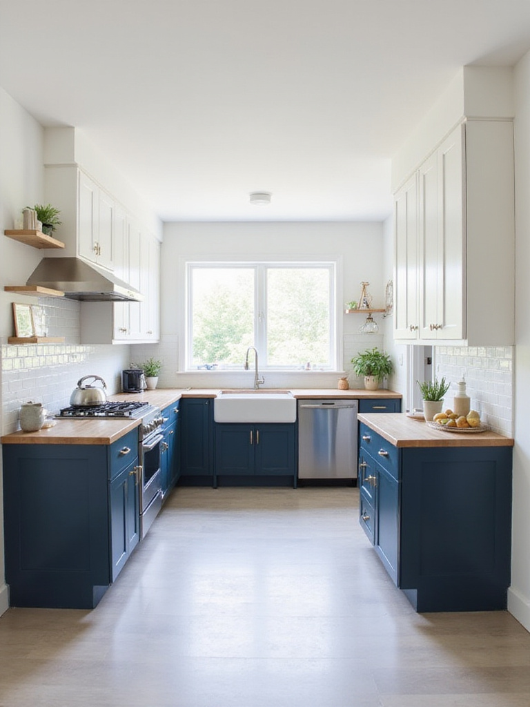 Modern kitchen with navy blue lower cabinets and white upper cabinets, showcasing a two-tone design.