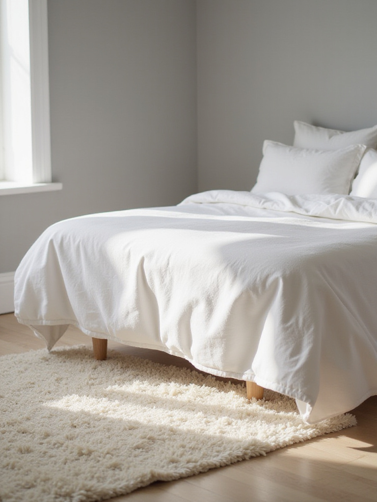 Bedroom with white linen bedding and a cream shag rug for warmth and texture.