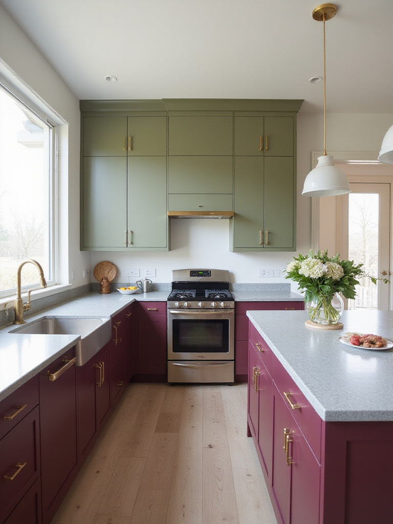 Modern kitchen featuring burgundy and olive green cabinets.