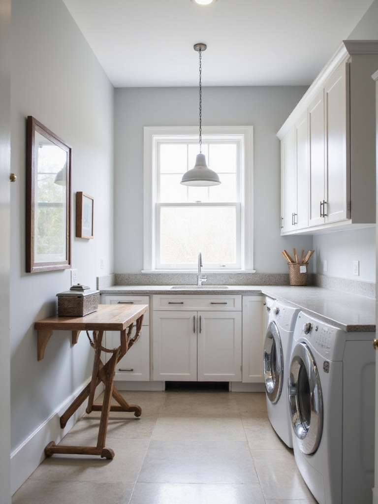 Well-lit laundry room with recessed lighting, under-cabinet lights, and a pendant light.