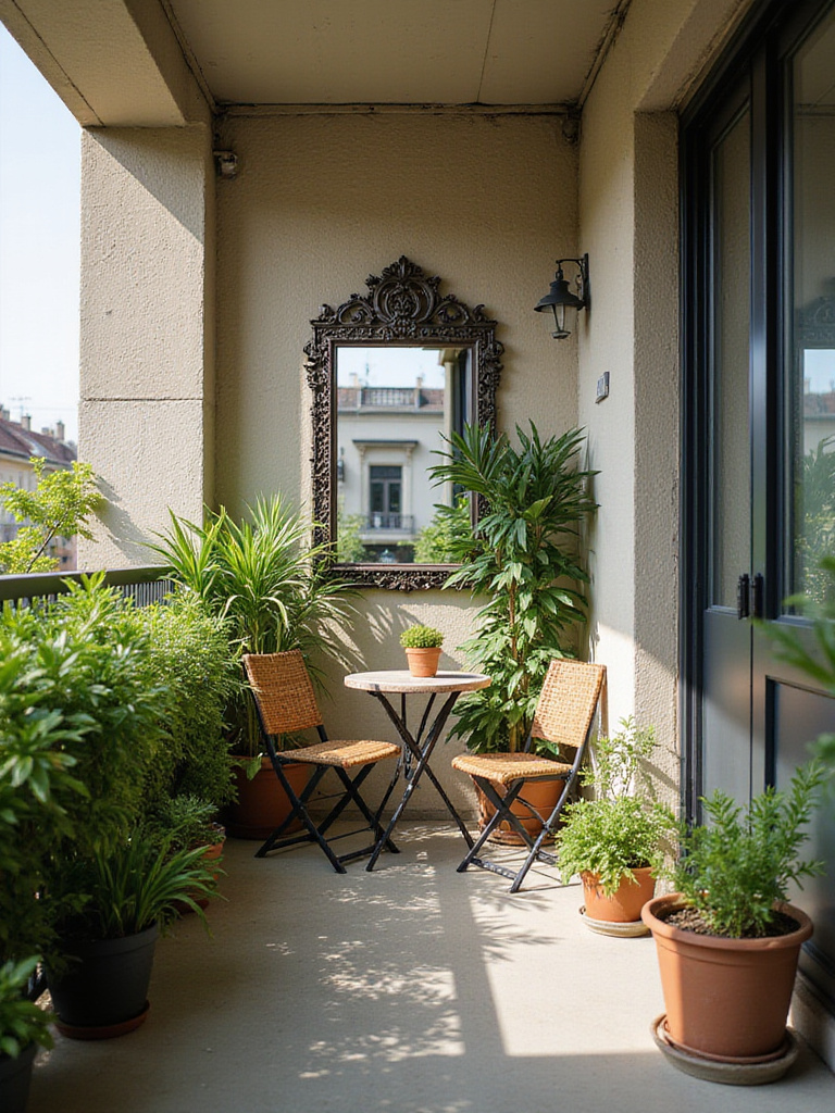 A small balcony is visually expanded by a large mirror reflecting potted plants and the view, making the space appear larger and brighter.