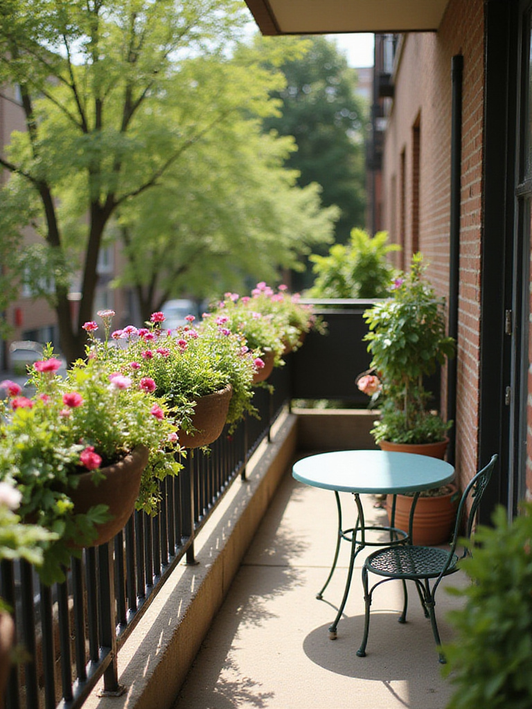 A small balcony railing filled with colorful flowers and green plants in various railing planters, showcasing space-saving vertical gardening.