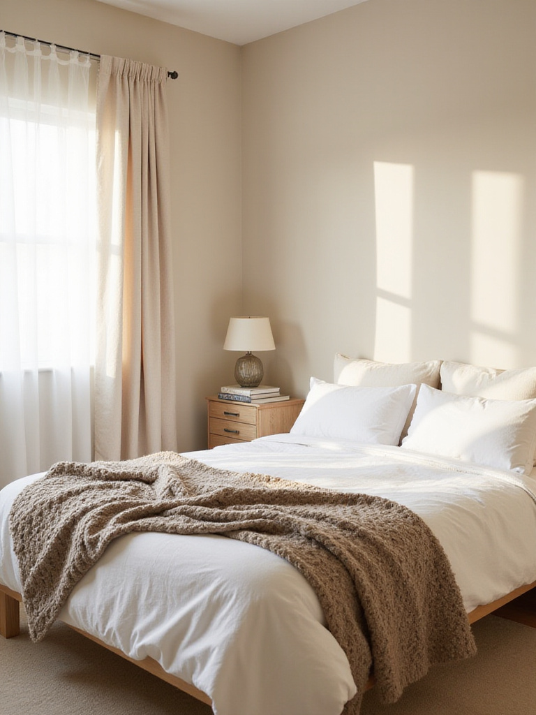 Serene greige bedroom with natural light and textured accents.