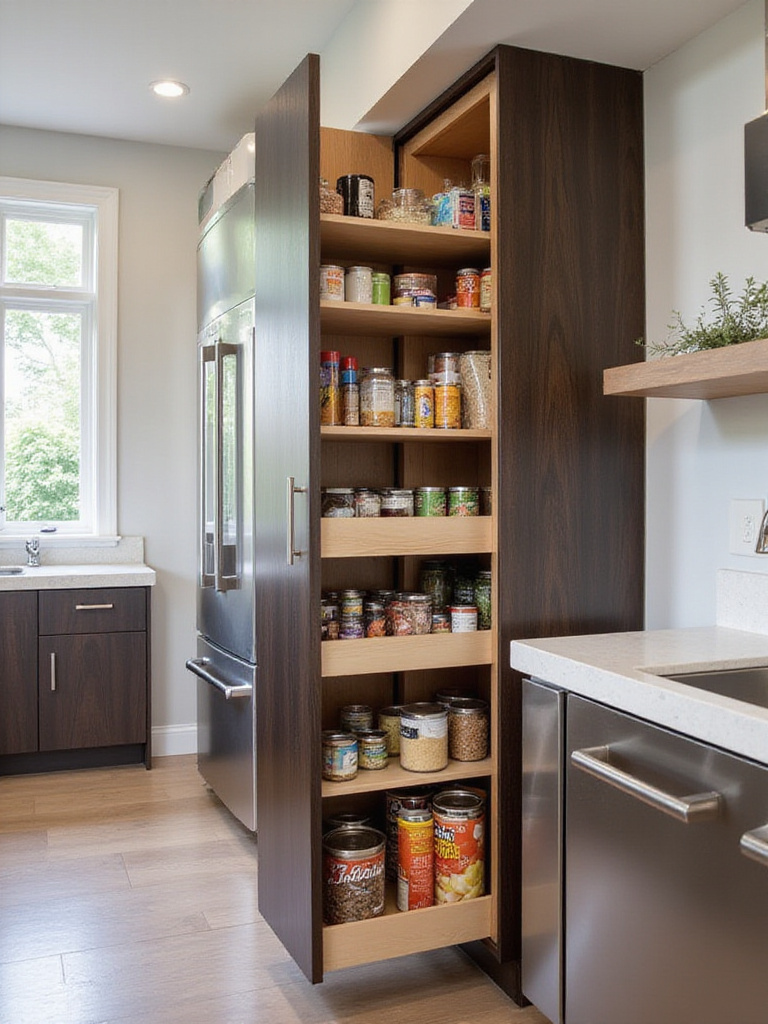 Pull-out pantry with organized shelving in a modern kitchen